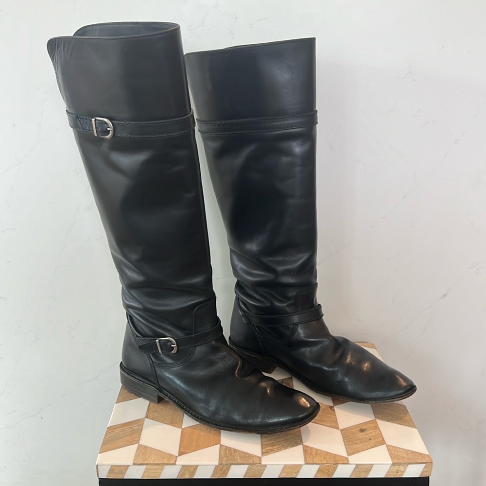 Frye Women's Dorado Riding Boots Black Polished Leather Sz 7.5
